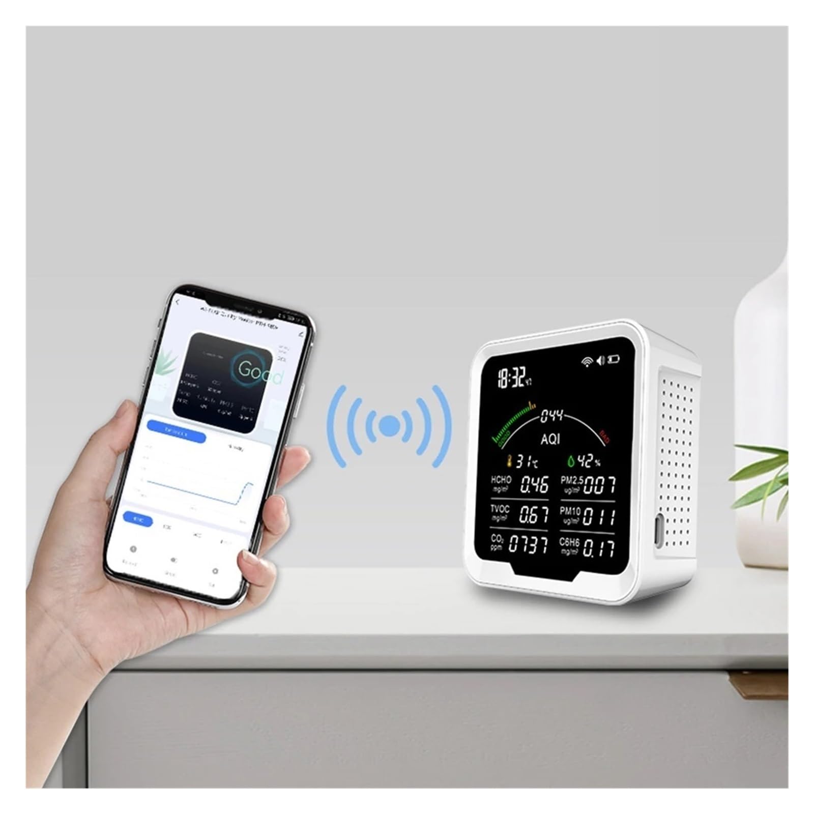 Misuratore di qualità 'aria portatile HCHO/TVOC/CO2/PM2.5/PM10/AQI/C6H6 Tester umidità a temperatura Rilevatore anidride carbonica con schermo da 4.8 pollici,Alta Precisione