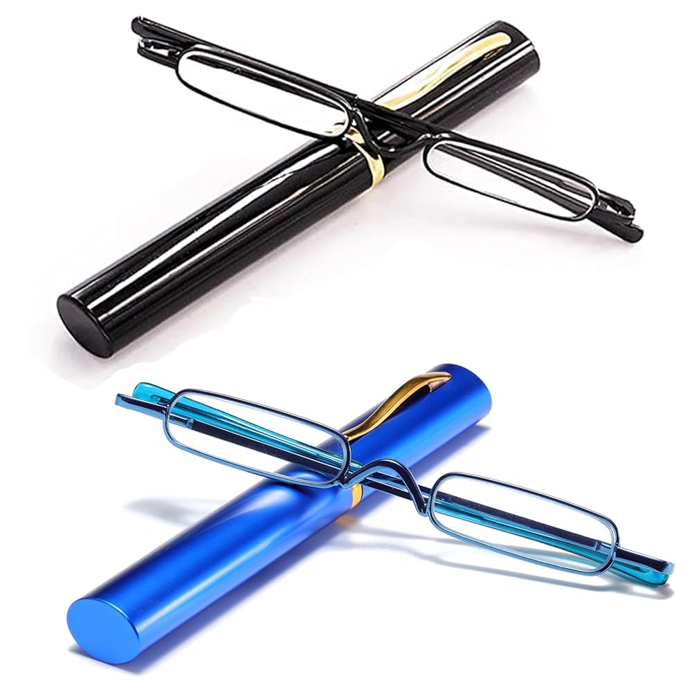 Viseng Slim Mini Metal Reading Glasses Compact Lightweight Portable Readers with Glasses Case for Reading Case +2.0 (Black/Blue)
