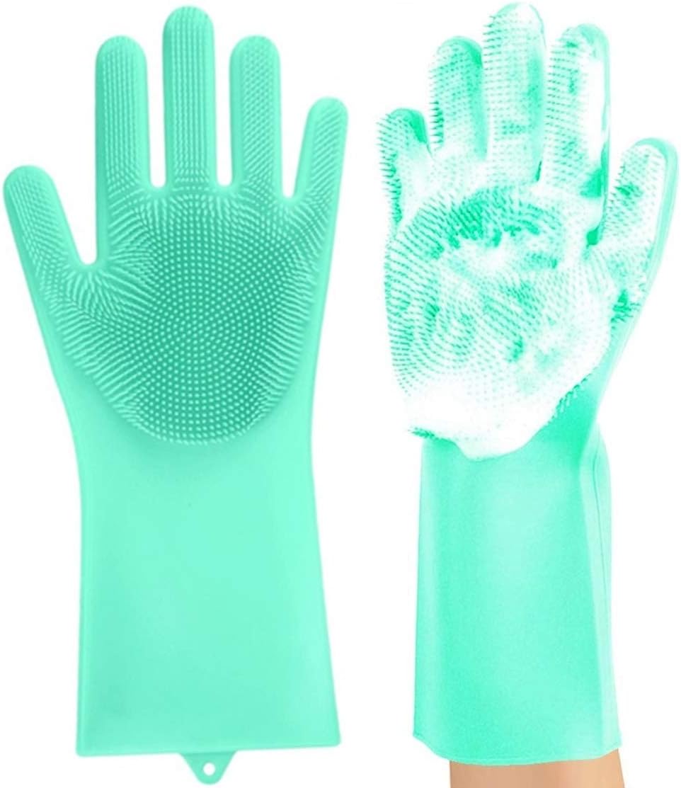 Reusable Magic Dishwashing Gloves, Silicone Scrubber Gloves for Dishes, Wash Cleaning Gloves with Sponge Scrubbers for Washing Kitchen, Bathroom, Car and More (Green)