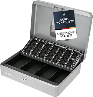 HMF Geldkassette abschließbar, Kasse mit Euro Münzzählbrett, 4 Banknotenfächer | 30,5 x 24 x 9 cm | Silber
