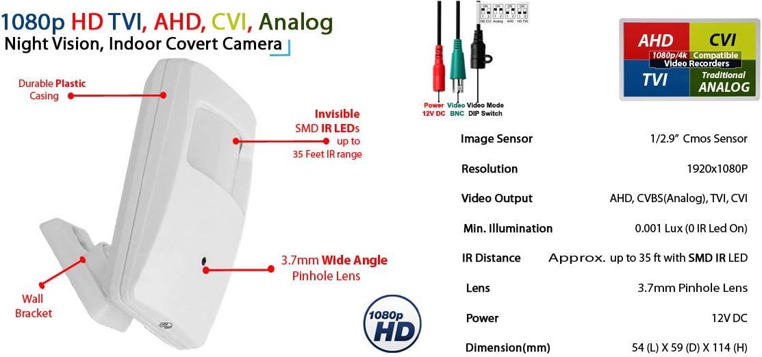 Evertech 1080p Hidden Nanny Covert PIR Security Camera with Night Vision, Day Night Motion Detector Style AHD TVI CVI Analog Camera Only Indoor Using