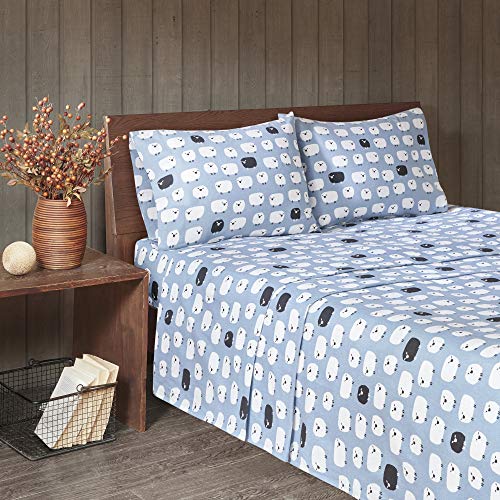 Image of Woolrich Cotton Sheet Set Cottage Charms Print, 100% Cotton Flannel Sheets Warm & Fuzzy Bedding Set Queen Size Sheets, Fitted Pocket Fits Up to 14 inch Mattress, Queen Blue Sheep, 4 Piece