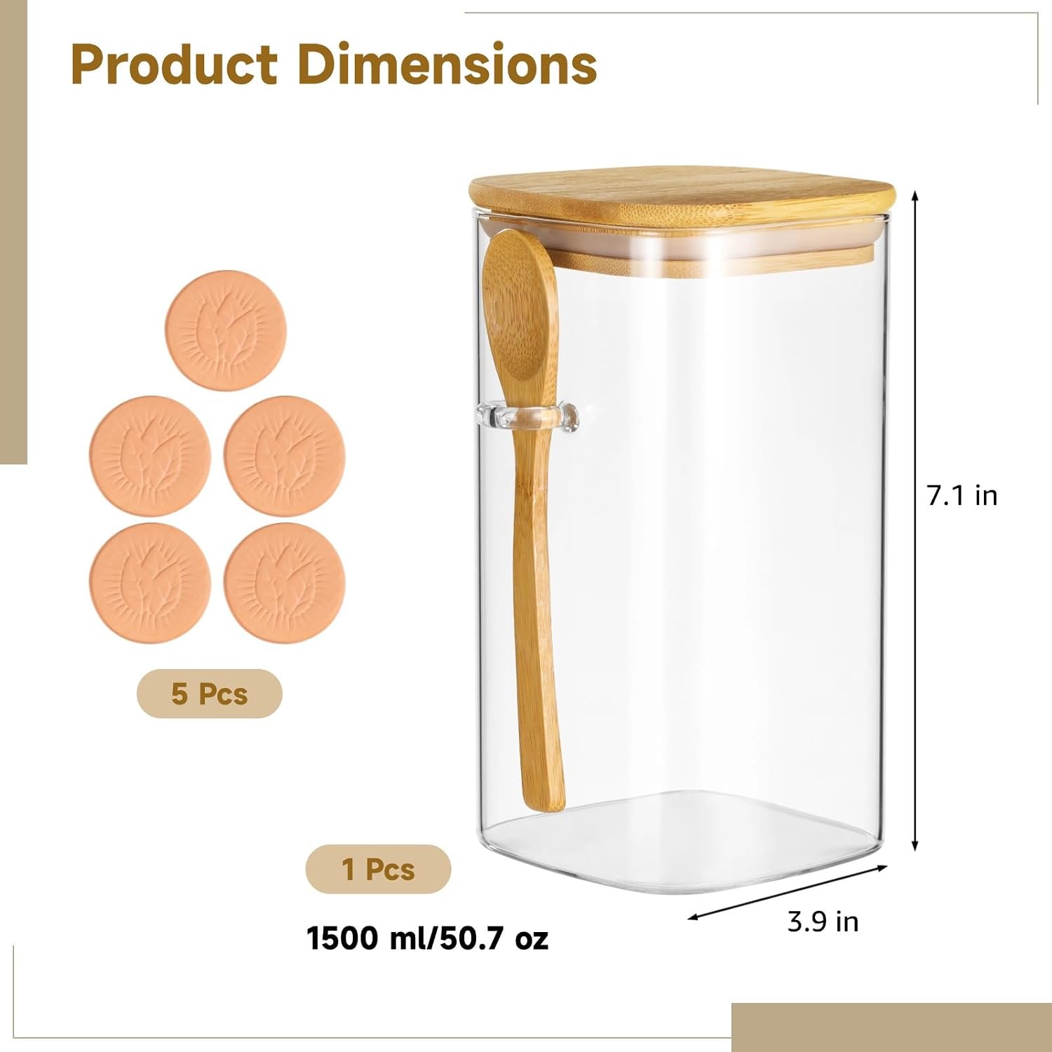 Brown Sugar Keeper with Wooden Lid, Glass Storage Jar, 5 Terra Cotta Moisture Savers, Airtight Design, 1500 Ml