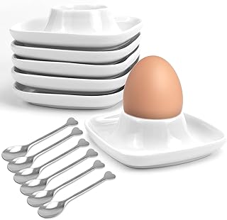 KXVXXV Juego de 6 hueveras de cerámica, porcelana, color blanco, cuadradas, apilables, con 6 cucharas, con bandeja, soporte para huevos
