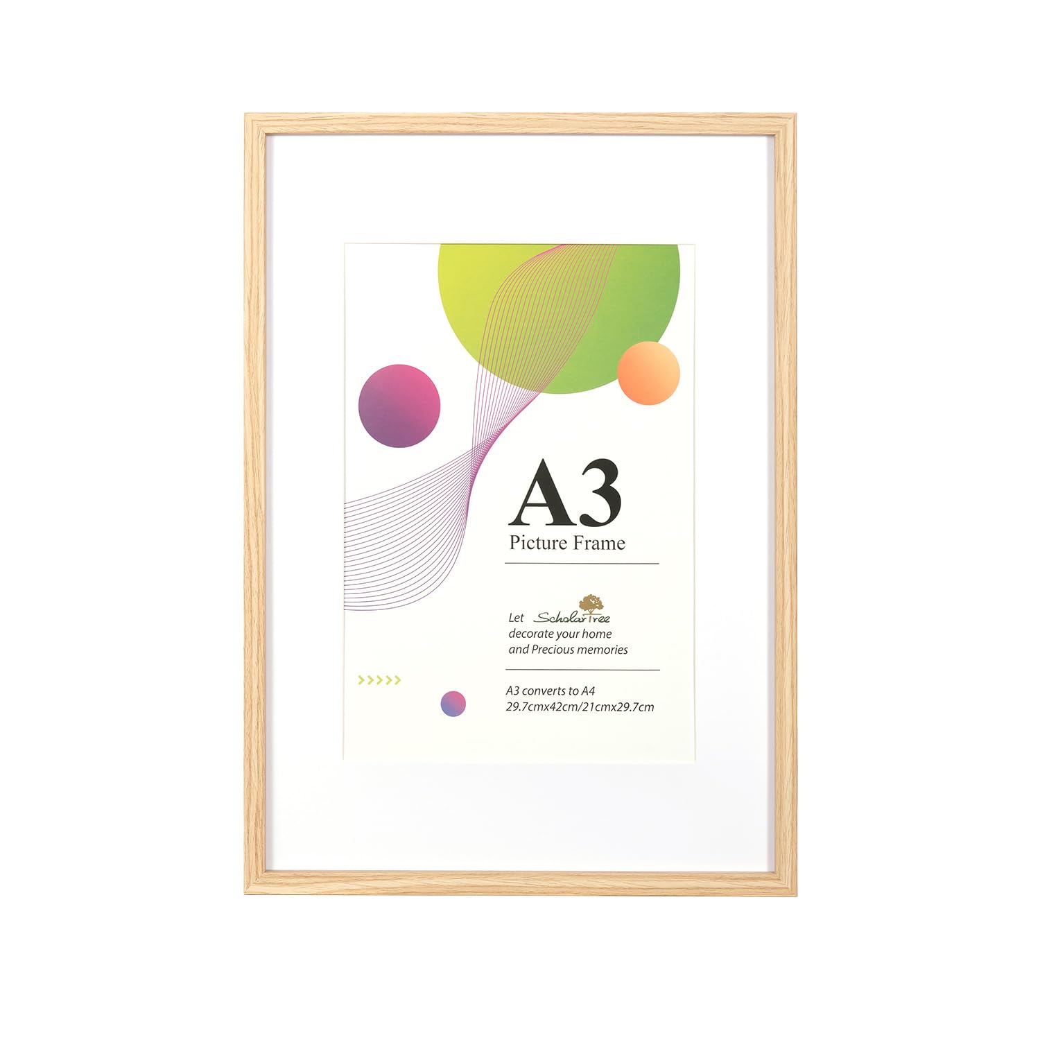 Scholar Tree A3 Frame - 1 Pack A3 Oak Frame, 29.7 x 42 cm, Wooden Photo Frames with A4 Mount, A3 Picture Frames with Wall Hanging