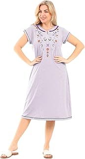 فستان نسائي من القطن المضلع بتطريز ملون، ملابس نوم مريحة بأكمام قصيرة، قماش صيفي ناعم خفيف الوزن، مثالي للارتداء في المنزل والنوم