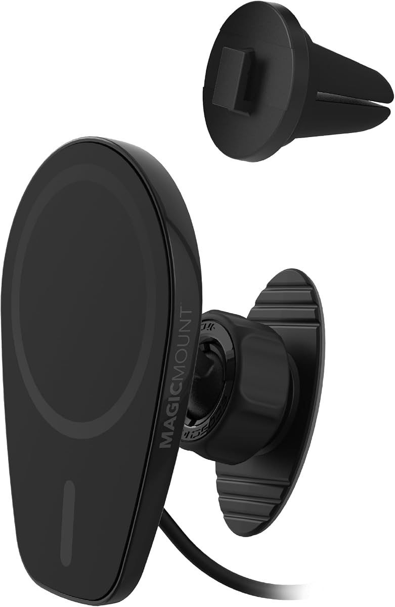 Scosche MPQ6DV-SP Soporte magnético para teléfono para salpicadero/rejilla de ventilación del coche, soporte para teléfono con cargador rápido inalámbrico de 15 W, soporte para teléfono móvil manos libres compatible con iPhone 17/16/15/14/13/12 Series y funda MagSafe
