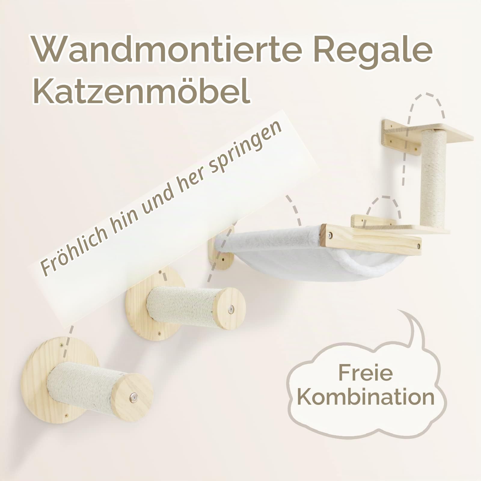 SONGWAY Kletterwand Katzen Katzentreppe Wandmontage - 4-teilig Katzen Kletterwand Set mit Hängematte und Sisalsäule, Wandliege Katze, Kratzbaum Wand, Katze kratzmöbel, Beige