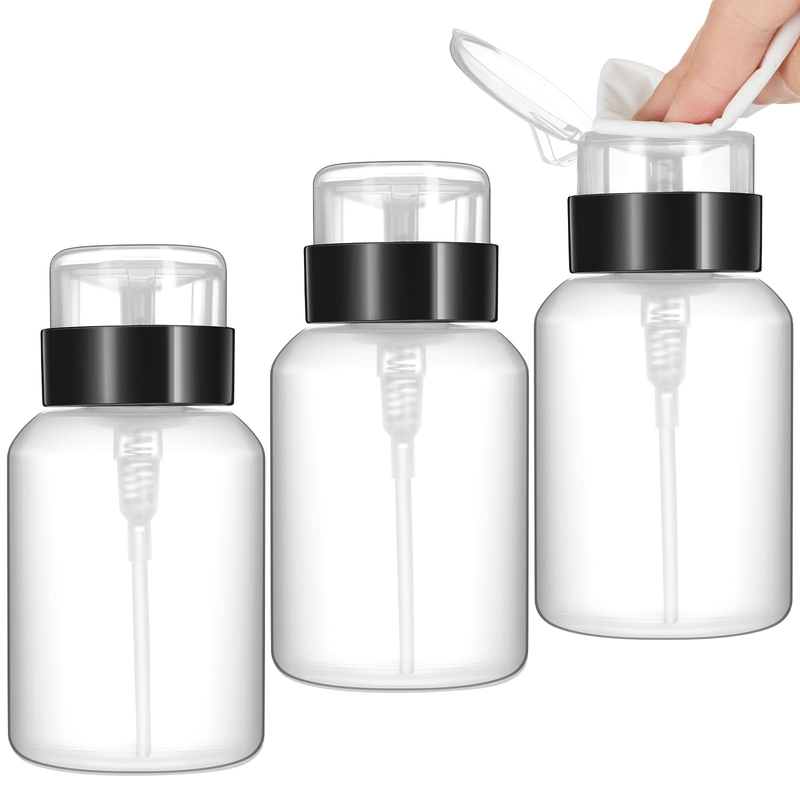 Layhit 3 Pack 6.8 oz (200ml) Push Down Lockable Pump Dispenser Bottle with Stickers, Alcohol Push Down Empty Refillable Container for Nail Polish