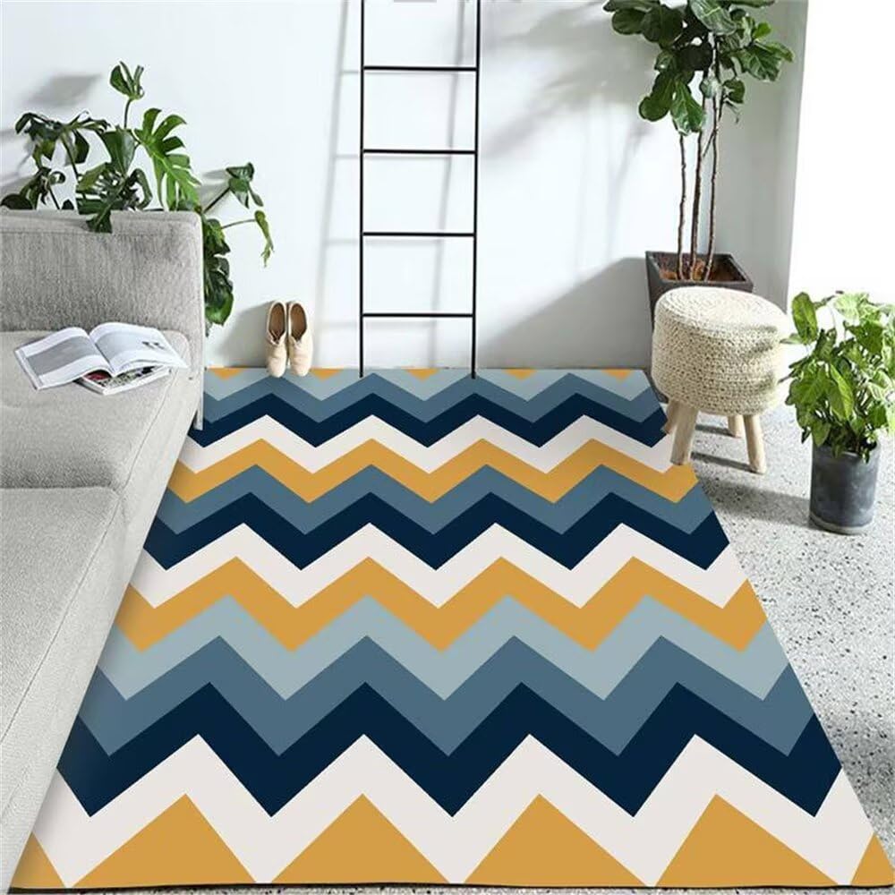 Tapis moderne jaune bleu rayé 130x200 cm aux finitions soignées