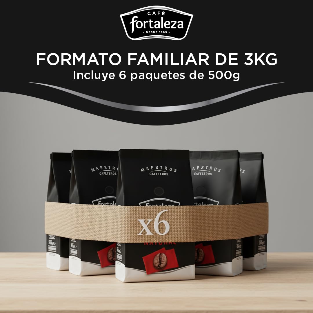 CAFÉ FORTALEZA Café en Grano Natural 500g x 6 - Total 3KG - Café en Grano con Matices Herbales y Afrutados - Café Arábica Centroamericano y Brasileño con Sabor Elegante - Café con Final Largo
