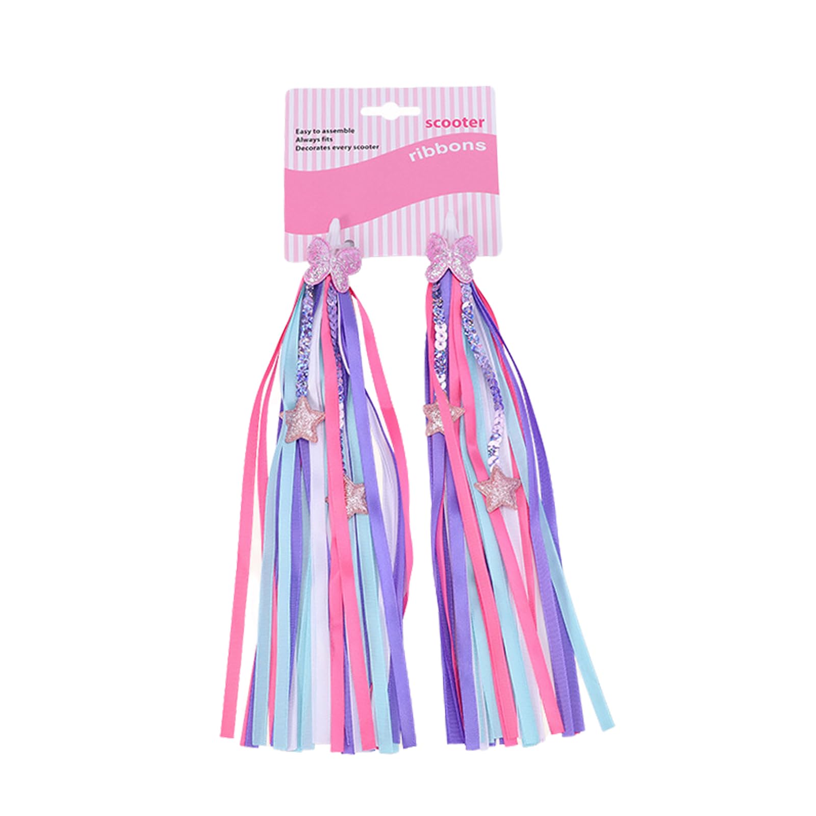 2 PCS Rainbow Kids Bike Streamers Colorful Handlebar Tassels for Girls Boys Easy-Attach Star and Butterfly Accessories for Bicycle, Scooter & Tricycle Handlebars Kids Bike Accessories (Pink Purple)
