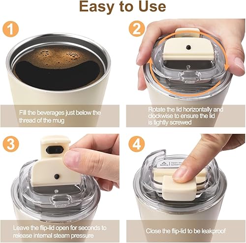 Miniatura 5 de PHILORN Taza de café de viaje, taza de café de 12 onzas con aislamiento con tapa, taza de café de acero inoxidable blanco con doble pared, taza