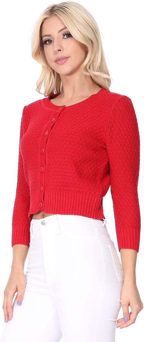 YEMAK Women's Cropped Cardigan Sweater – 3/4 Sleeve Crewneck Basic Classic Casual Button Down Soft Crochet Knit Top (S-3XL) - Image 5