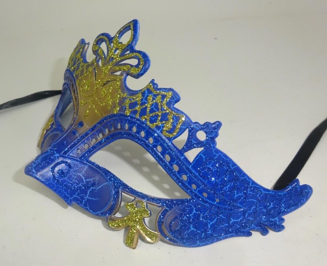 LADIES SPARKLING BLUE AND GOLD RIALTO VENETIAN MASQUERADE CARNIVAL PARTY EYE BALL MASK, Blue Gold, 8cm Deep - Image 2