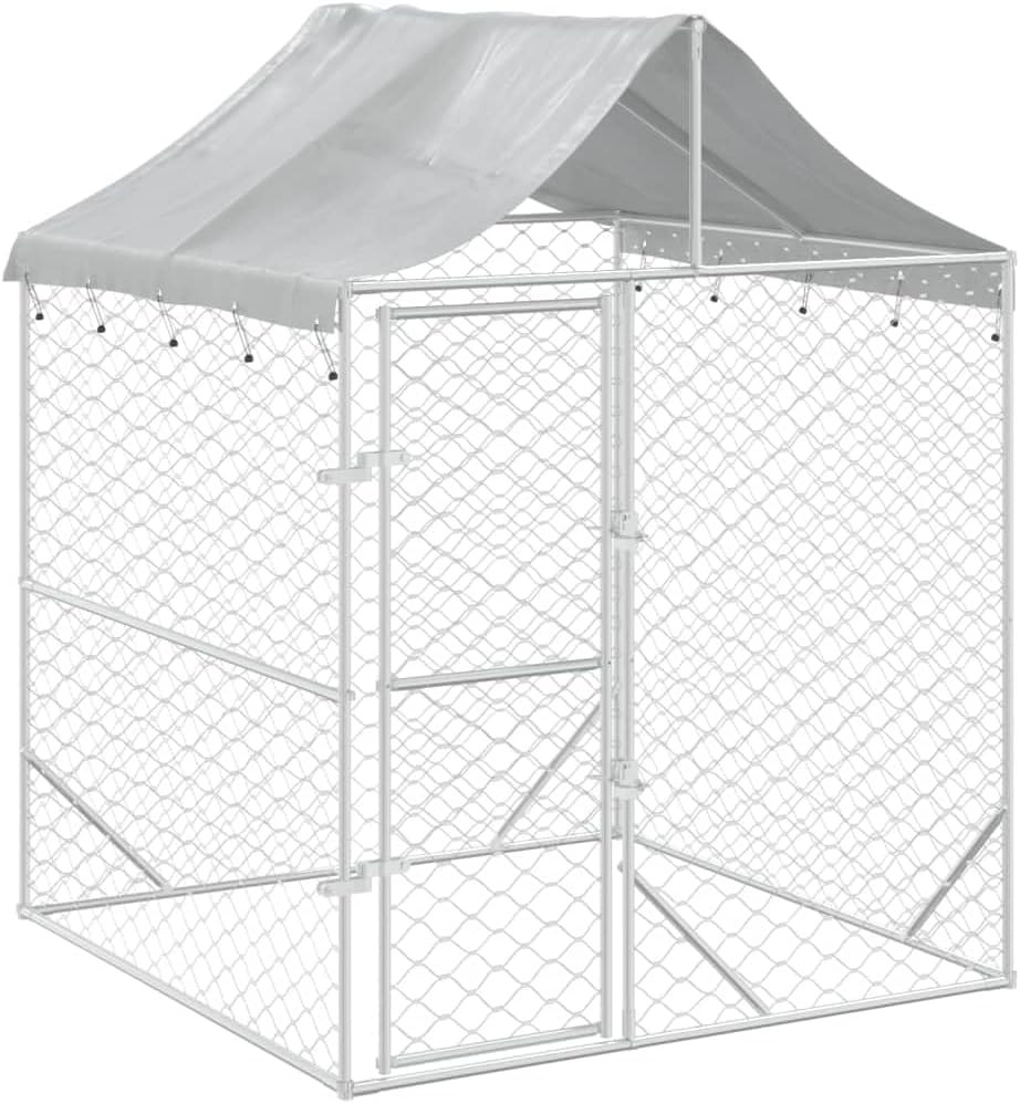 vidaXL Outdoor Dog Kennel with Roof, Dog Cage with Lockable Door, Chicken Run for Yard, Doghouse, Chicken Coop, Pet Cage, Silver Galvanized Steel