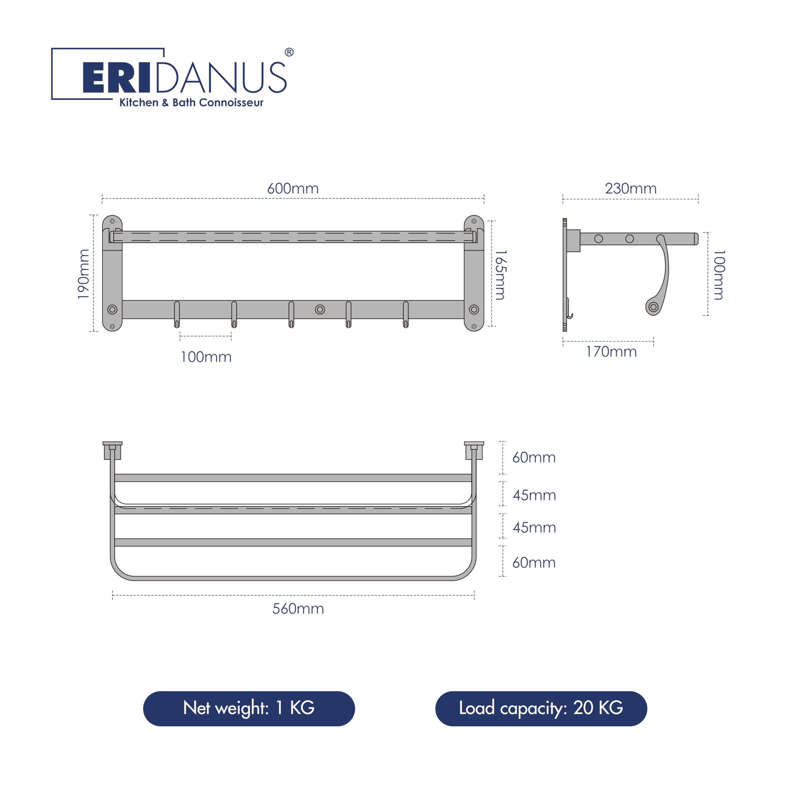 Eridanus Estante de Toallas, Toallero Doble Plegable de Acero Inoxidable de Pared, Estantería de Almacenamiento para Baño con Barras y Ganchos(60x19x24cm)