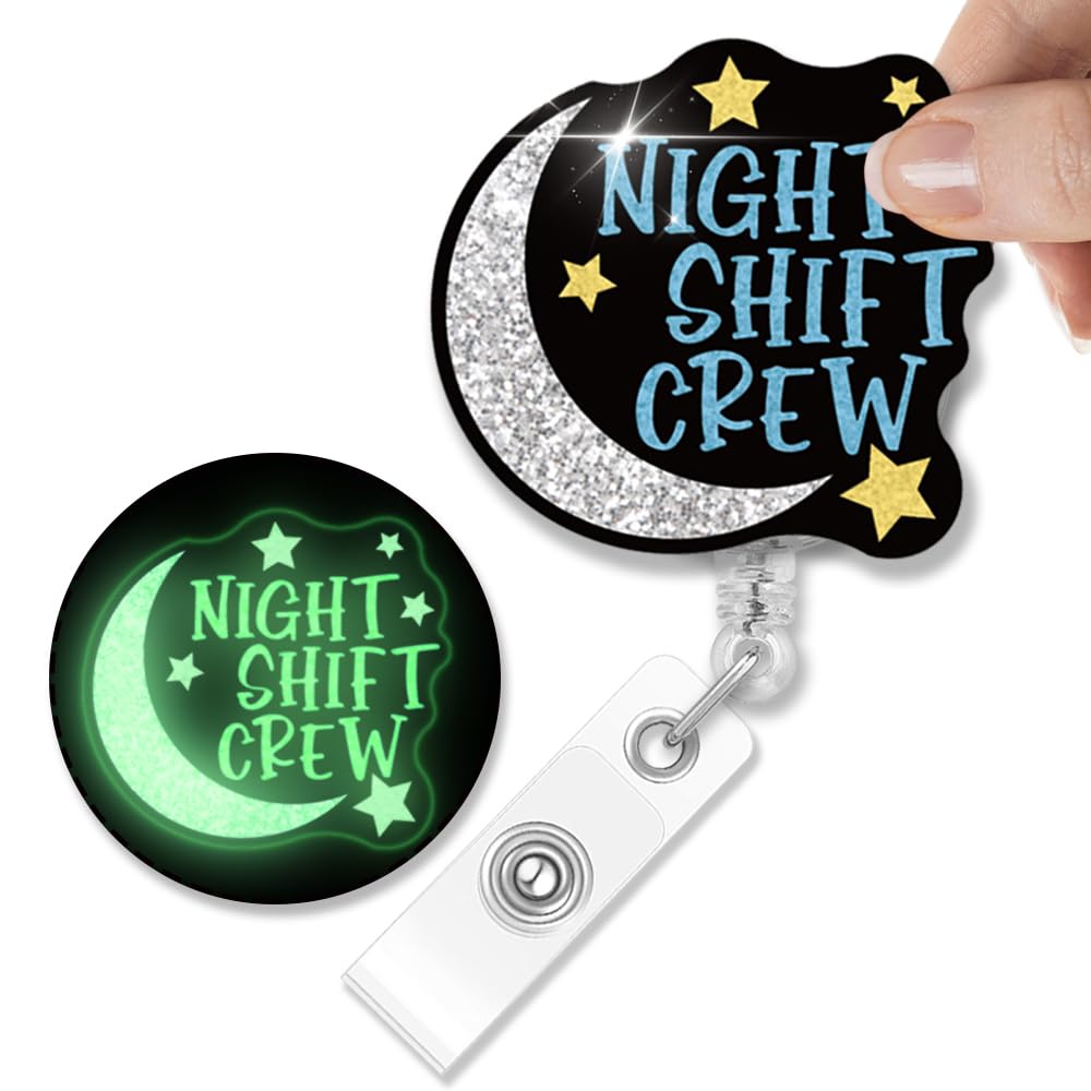 Msticey Night Shift Crew Glitter Retractable Badge Holder, Funny Glow in The Dark Badge Reel Gifts for RN CNA PCT ER ICU Nurse, NightShift Gifts for