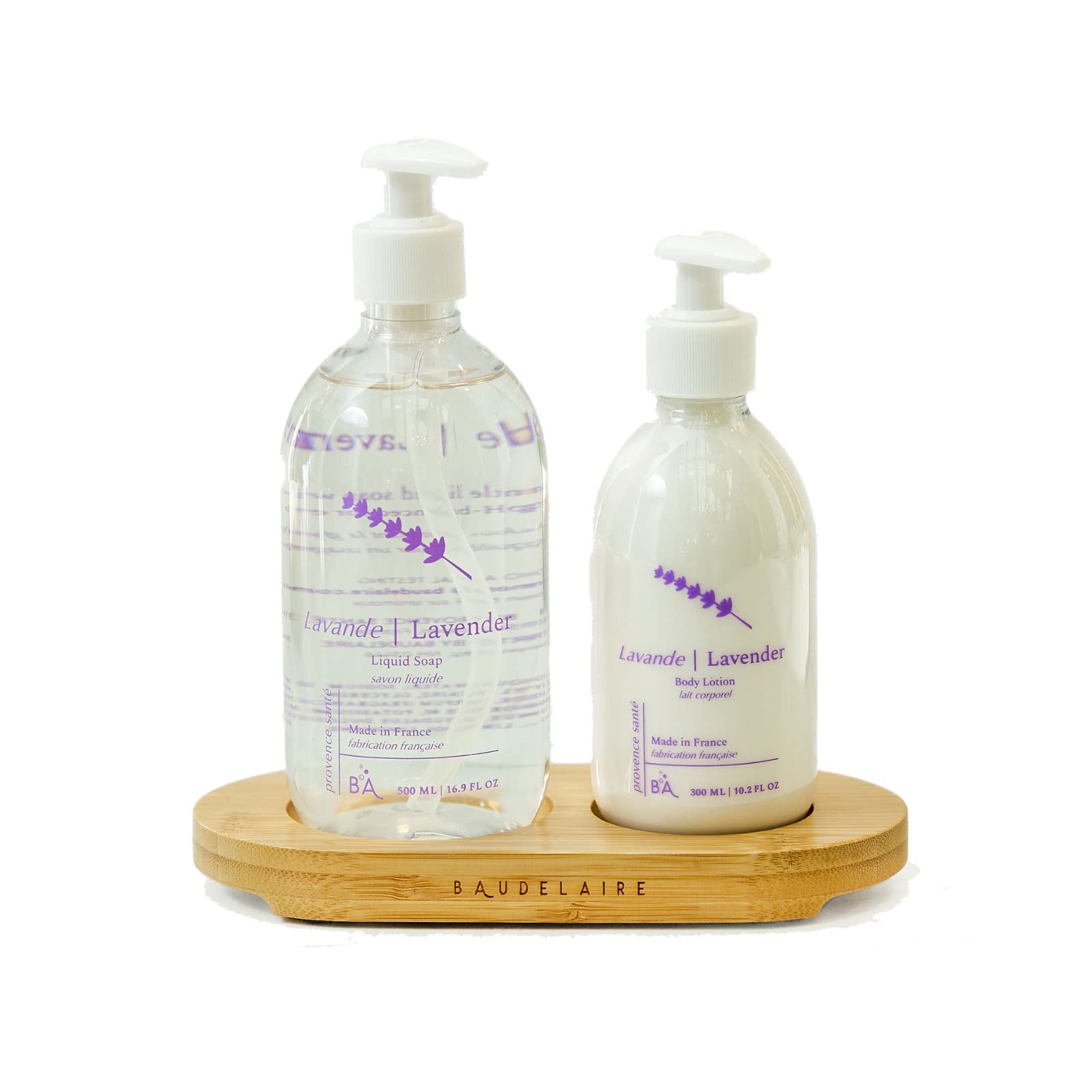 Provence SanteLiquid Soap & Lotion Bamboo Tray Gift Set - Moisturizing Hand Soap & Anti Aging Body Lotion Hydrating Fragrance Restore Dry Skin for Kitchen & Bathroom Made in France (Lavender)