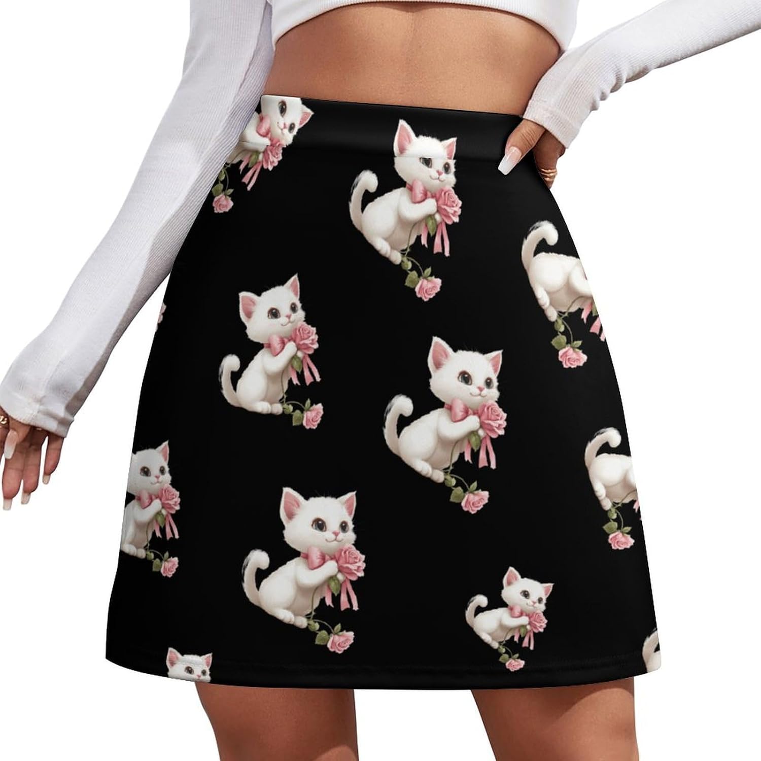 Cats Bow Roses Skorts for Women Mini A-line Skirt Casual Tennis Golf Short Skirts