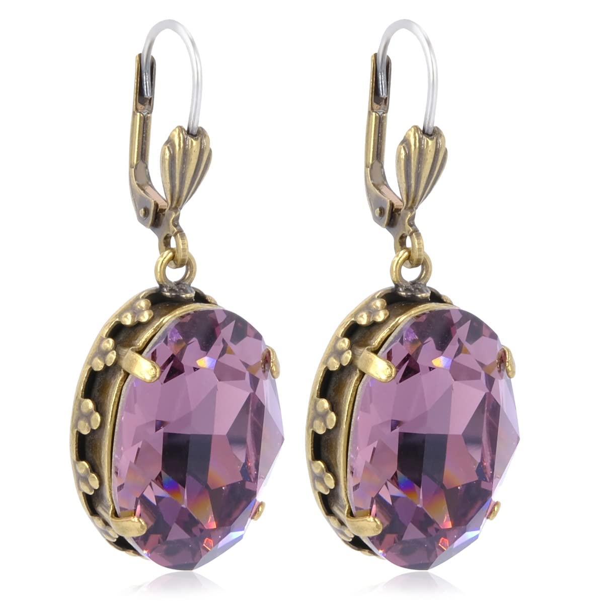 Jugendstil Ohrringe Gold Marken Kristalle Mauve Ohrhänger Ov