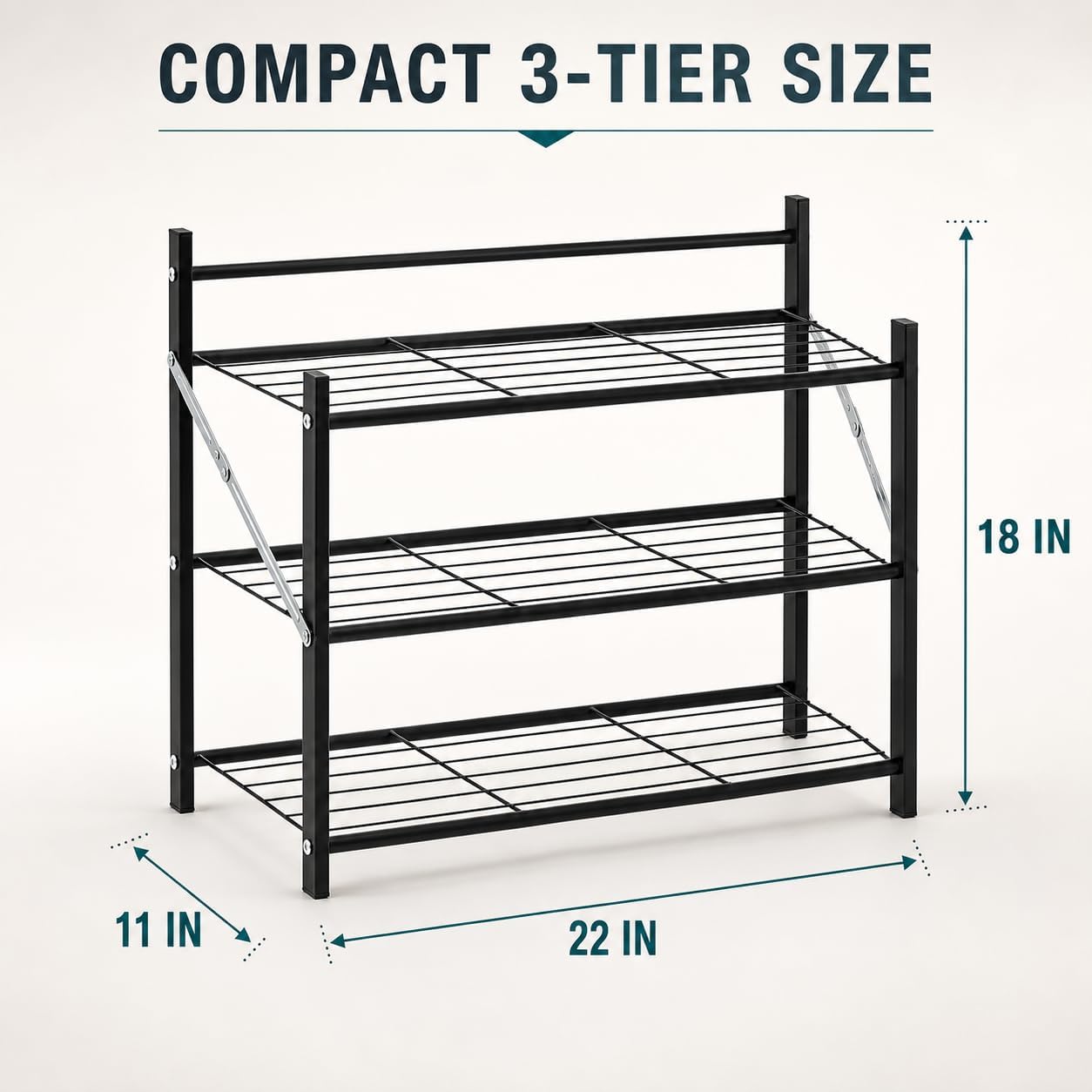 3-Tier Folding Metal Shoe Rack, Heavy Duty Free-Standing Storage Shelf for Entryway, Bedroom, Gym, Holds Shoes, Dumbbells, Multi-Purpose Organizer with Reinforced Stability image 2