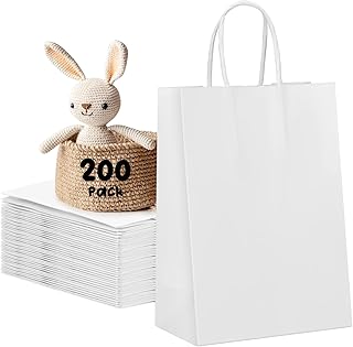 200 Pcs 5.25 x 3.25 x 8.25 inch White Paper Bags Bulk Gift Bags Paper Bags With Handles Small Kraft Bags with Handles Shopping Bags Goodie Bags Favor Bags Party Favor Bags for Birthday Wedding