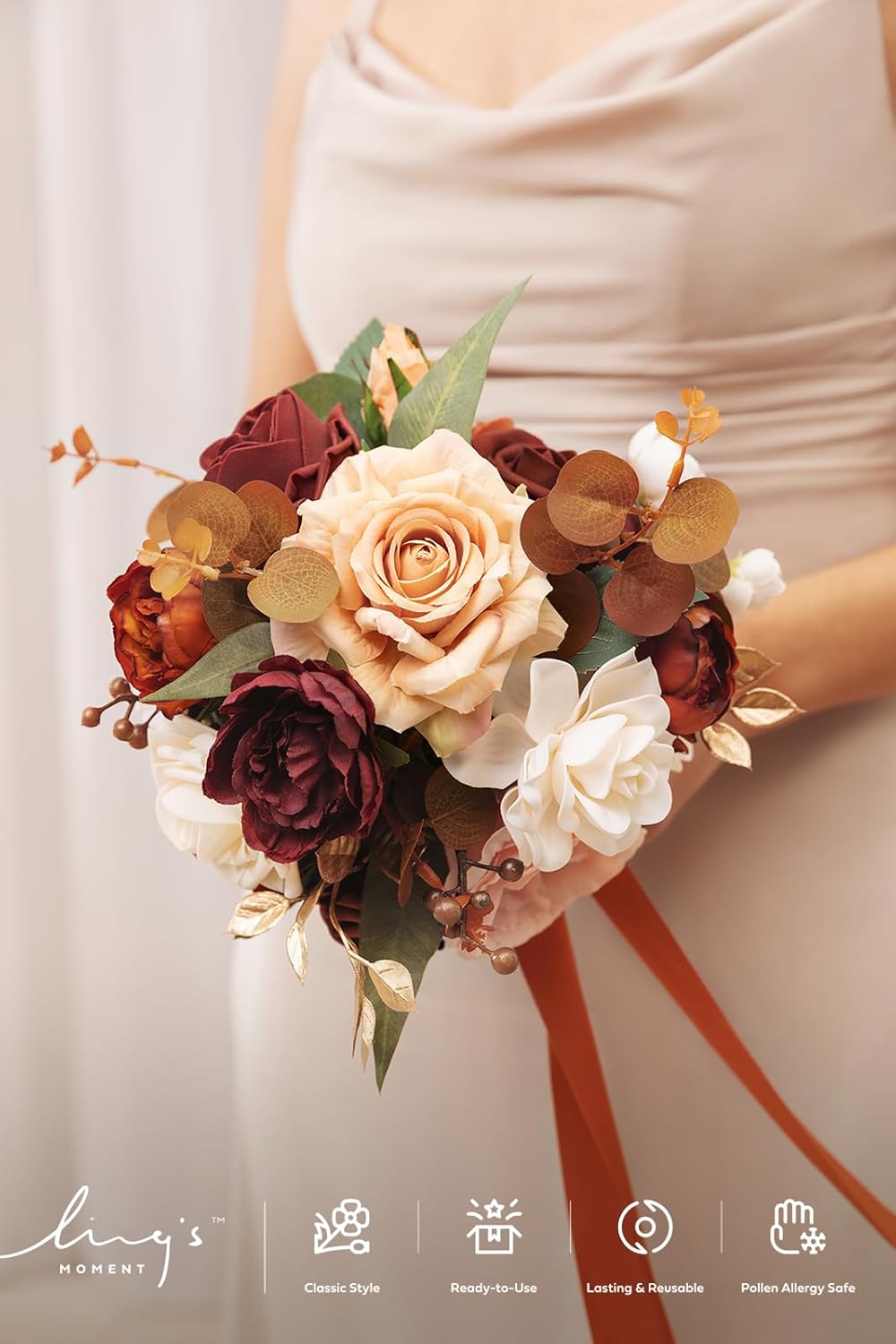 Ling's moment Terracotta Artificial Wedding Flower Bouquets for Bridesmaids Burnt Orange Floral Bouquet Rust Bridal Bouquets for Bridesmaids with Ribbon Ceremony Anniversary,7-inch Diameter