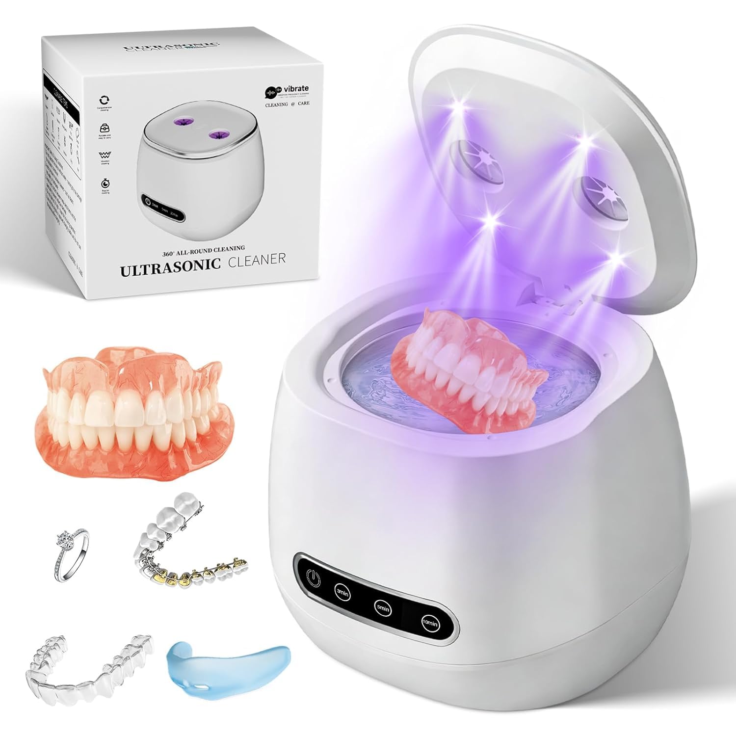 Ultrasonic Retainer Cleaner Machine, Dental Cleaning Pod for Dentures, Aligners, Night Guards, Braces, Toothbrush Heads & Jewelry, 45kHz Retainer Cleaner with 3 Modes & Digital Timer