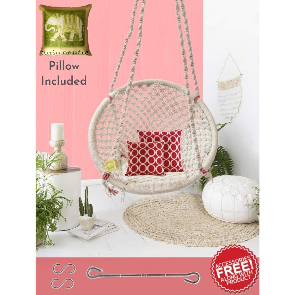 Curio Centre Make in India Round Cotton Home Swing & Hammock Chair with Cushion and Accessories (145 cm X 57 cm X 43 cm, White, 100 kgs Capacity)-image-48
