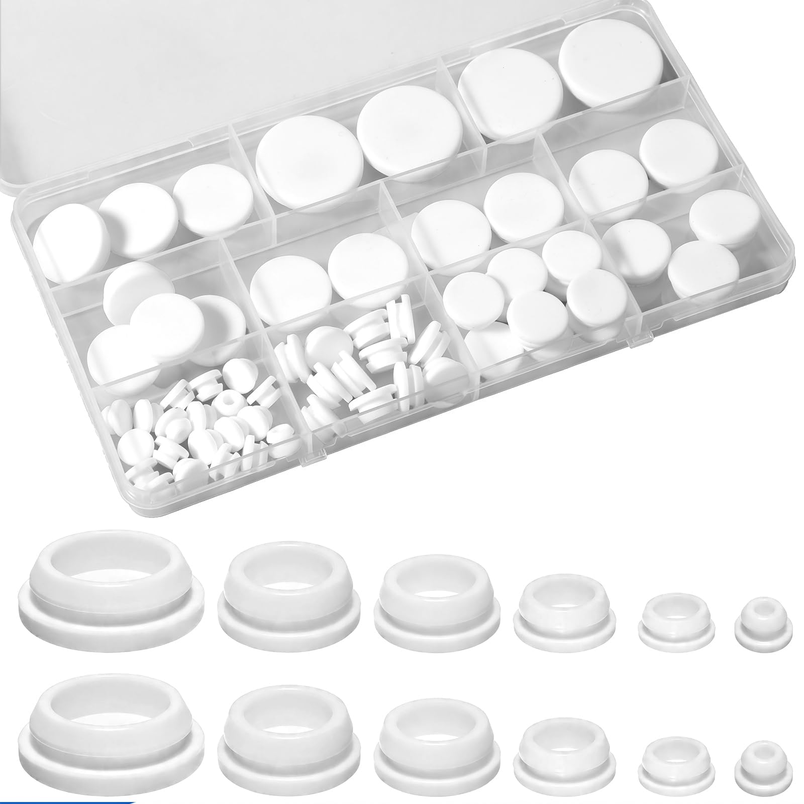 Exylosluxek Rubber Bungs for Holes, Rubber Grommets for Holes, White Silicone 62 Piece Assorted 6 Size Stopper Set for Household Use