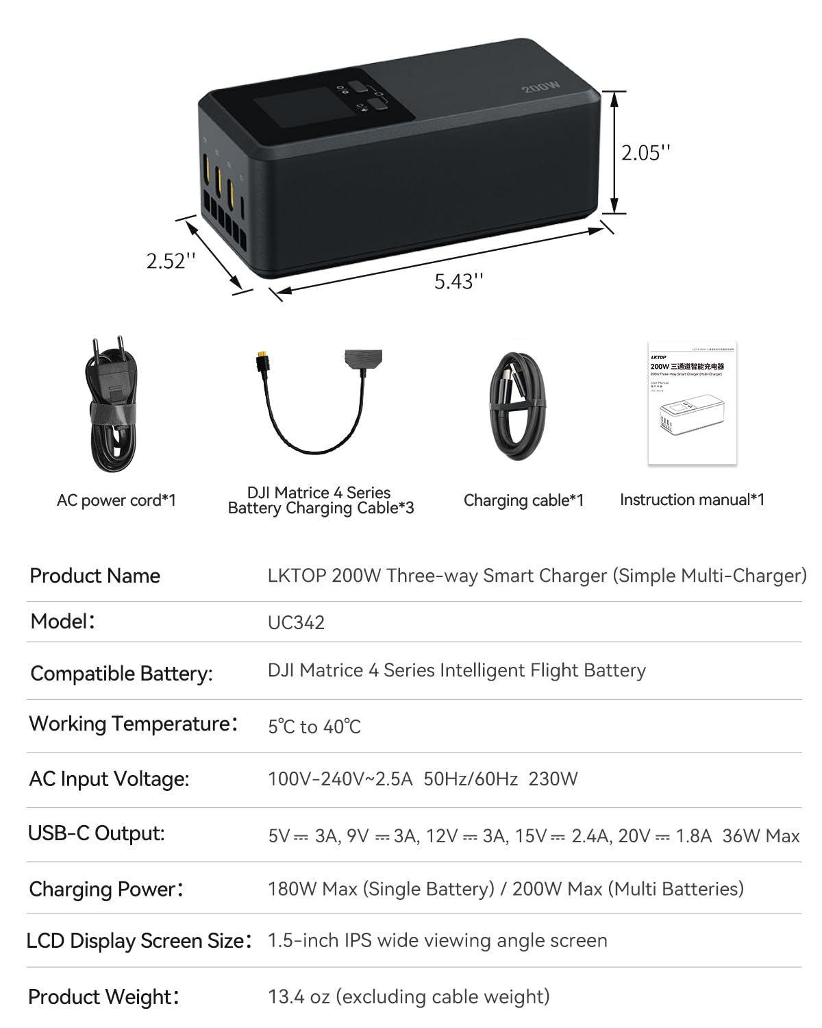 LKTOP Matrice 4 Series 200W Batterieladegerät Schnellladegerät für DJI Matrice 4T/4E Drohne mit Speicher/Stummschaltung/Ausgang, LCD Display (Paralleles Aufladen 3 Akkus 1h 50min)