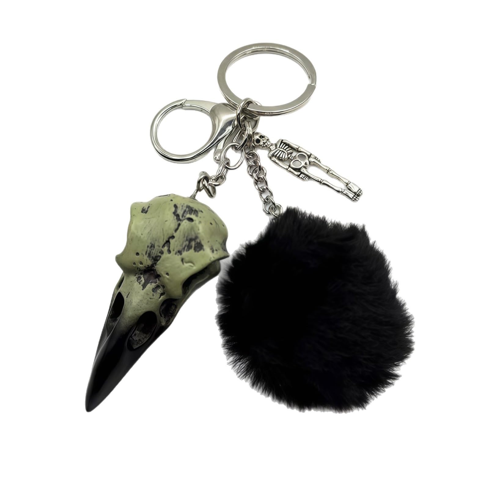 Lodoot Black Gothic Crow Skull Keychain With Soft Plush Ball Charm Lightweight Resin Keyring For Goth Accessories Unique