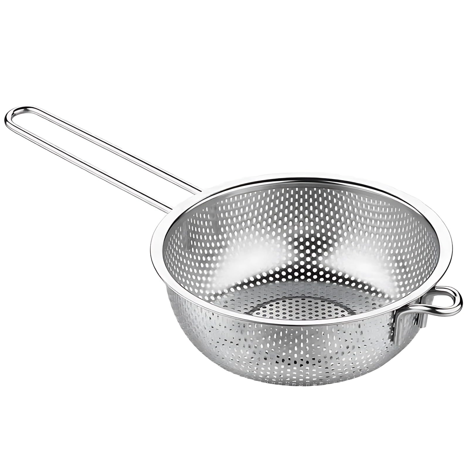 Edelstahl-Sieb mit langem Griff, 22,5 cm Durchmesser, mikroperforiert, feines Netz zum Abtropfen von Nudeln, Lebensmitteln, Gemüse, verbrühungssicher, rostfrei, leicht zu reinigen