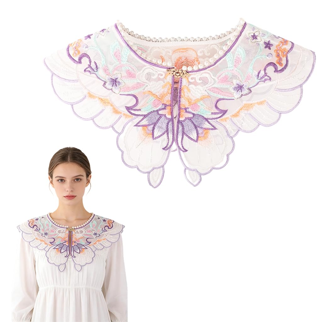 sannidhi Sheer Butterfly Embroidered Detachable Collar Shawl, Faux Pearl Clasp Lace Capelet, Colorful Embroidery False Collar Neck Accessory for Dresses, Weddings & Formal Wear-picture-8