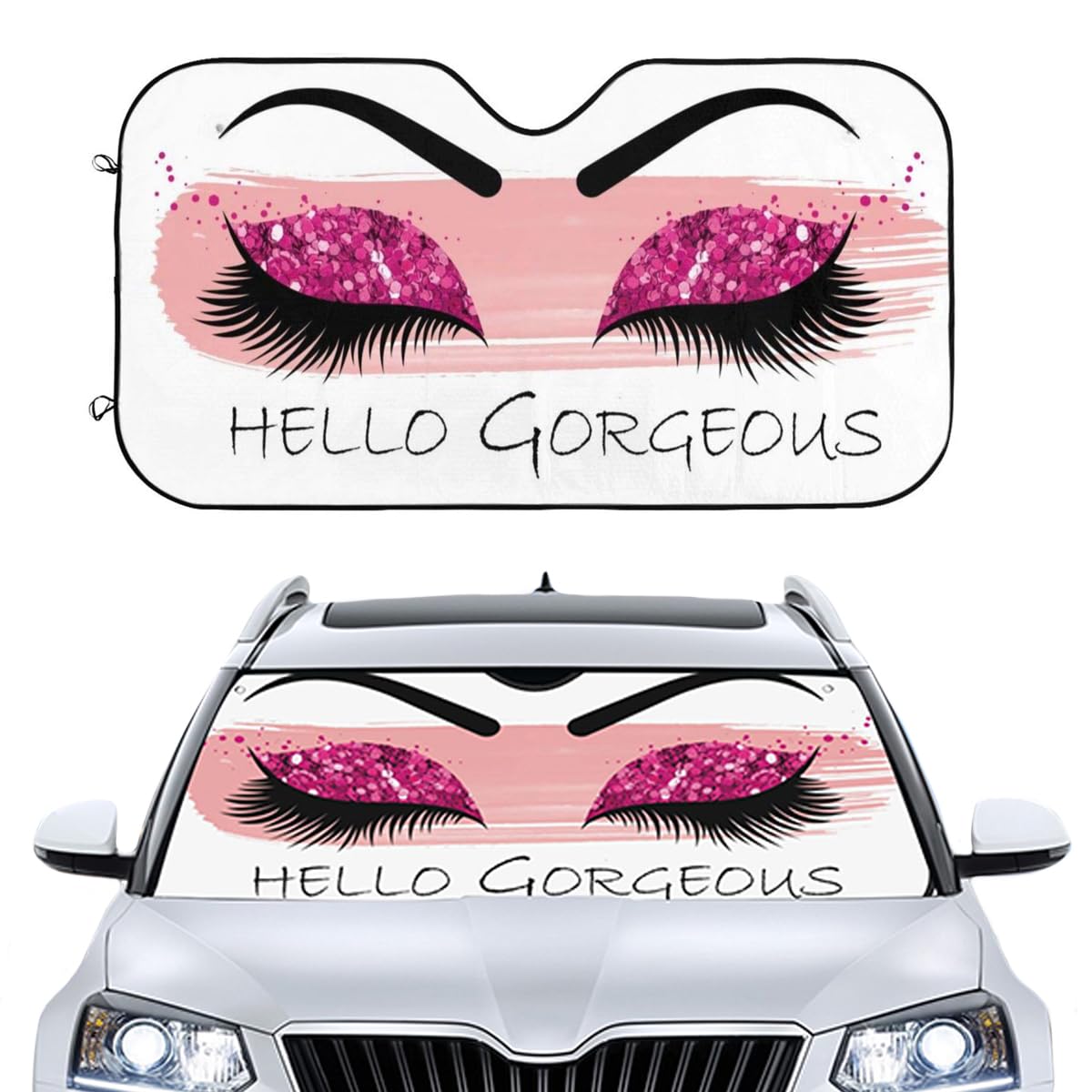 Hello Gorgeous Car Front Windshield Sun Shades, Pink Glittering Eyelash Makeup Auto Window Sunshade, Summer UV Rays Blocker Visor Protector, Folding