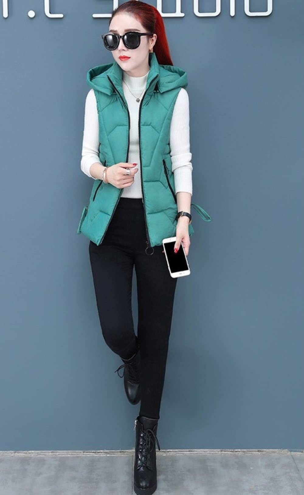 &ET Damen Weste,Kapuzenweste Grün Stehkragen Abnehmbare Kapuzen Warme Ärmellose Jacke Mit Reißverschluss Gepolsterte Taschen Herbst Winter Baumwollweste Für Mädchen Damen