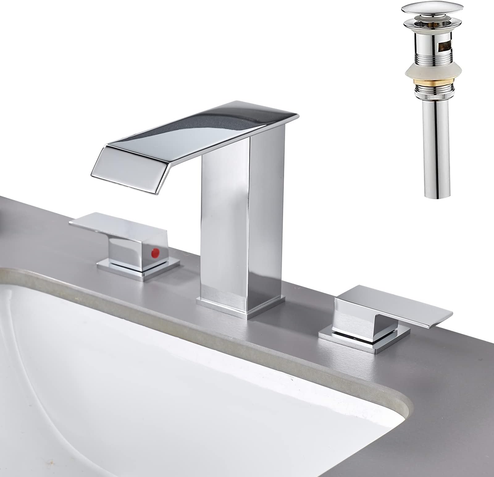 LOOPAN Widespread Bathroom Faucet - Waterfall Bathroom Faucets for Sink 3 Hole, Bathroom Sink Faucet 8 Inch 2 Handles, Modern Bathroom Faucets with Metal Pop-up Drain & cUPC Supply Lines