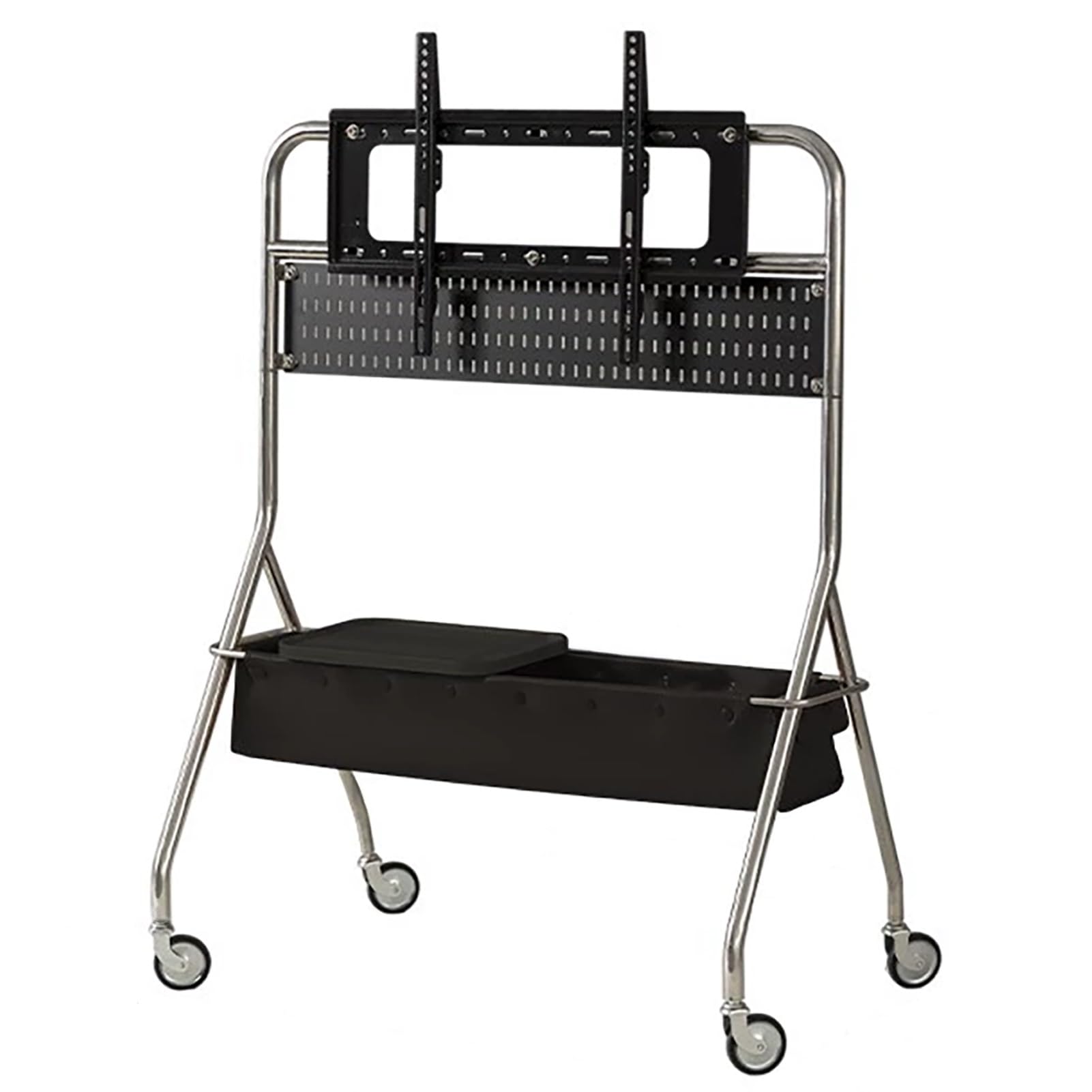 Genérico Soporte de TV móvil con Ruedas, Altura Ajustable para televisores de 40 a 80 Pulgadas, Carrito con Ruedas, Panel Perforado y Cesta de Almacenamiento de Cuero sintético, diseño Moderno en neg
