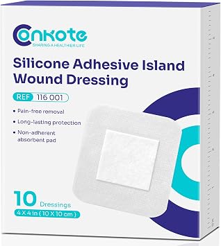Silicone Island Dressing 4 x 4 in, Bandages for Sensitive Skin, 10 Pack