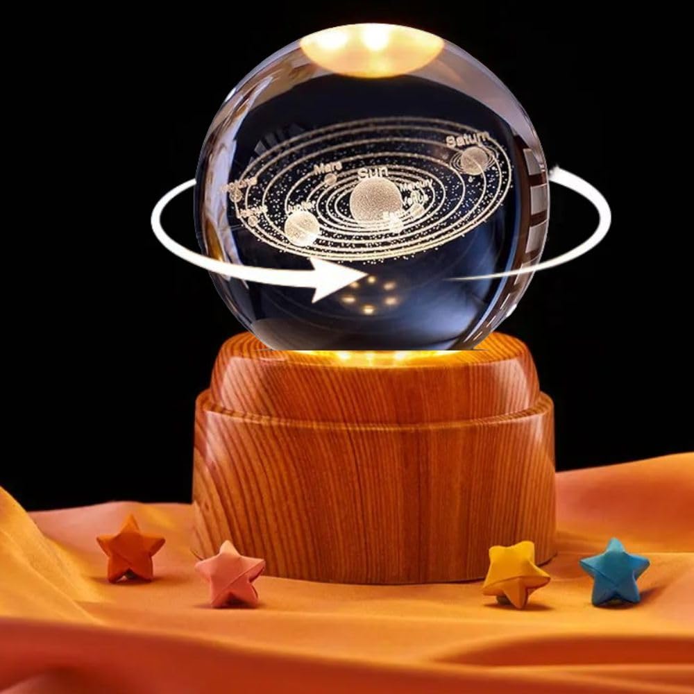 Desidiya® Crystal Ball Night Light with LED Base | 3D Rotating Solar System Globe | Decorative Ambient Lamp for Bedroom, Office & Gifts