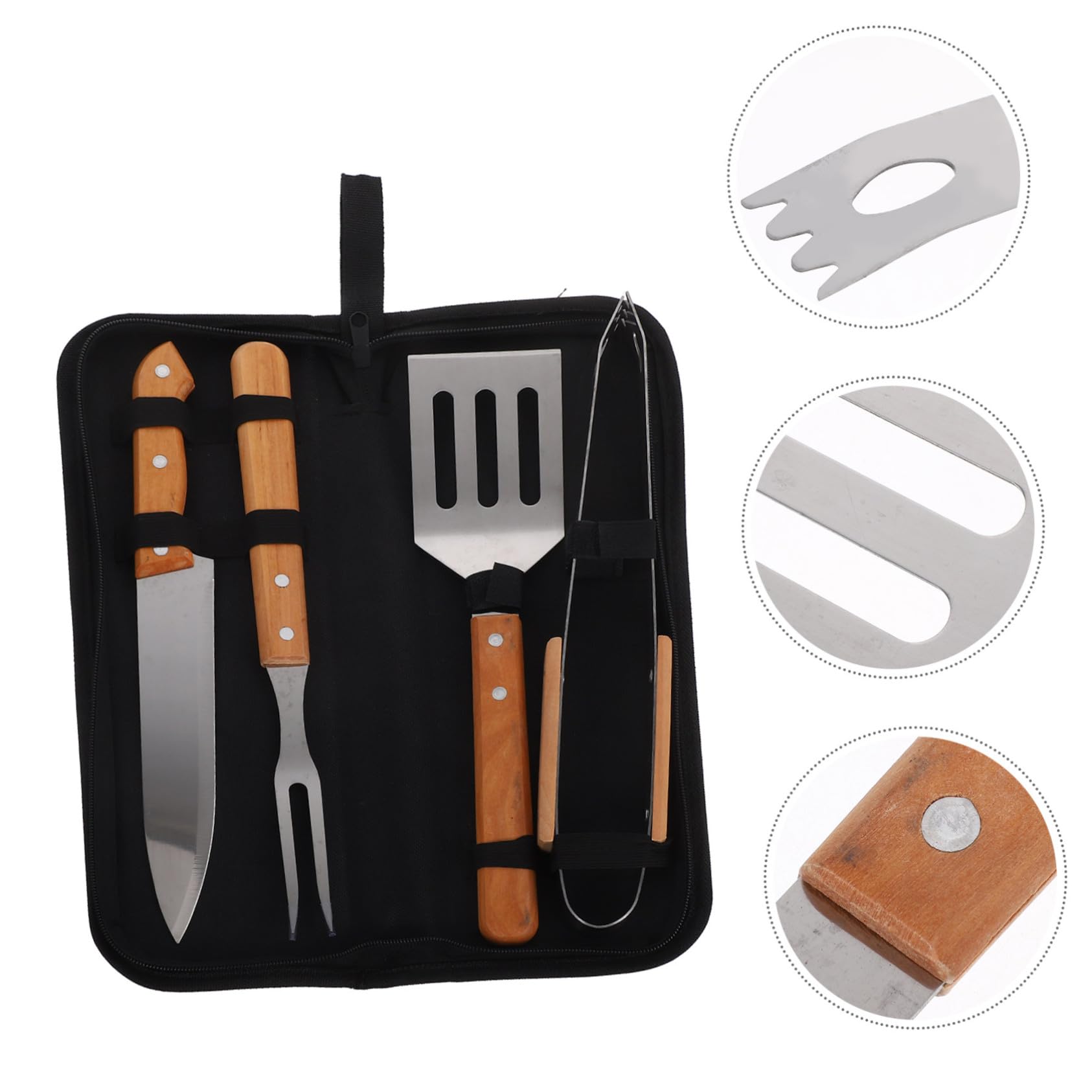 STOBAZA Grillbesteck mit Holzgriff Outdoor Barbecue Werkzeug mit Spatel Zange Fleischschneider Tragbares Grillzubehör mit Praktischem Tragebeutel für Camping und Garten