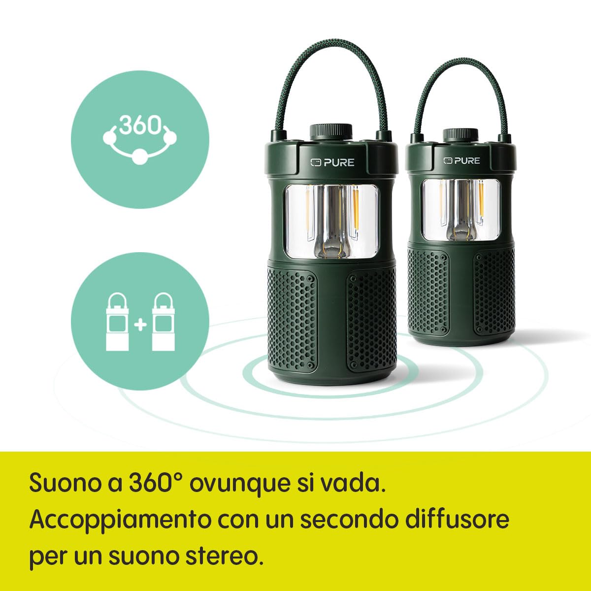 Pure Woodland Glow Altoparlante Esterno con Lampada a LED (Bluetooth 5.3, suono a 360°, IPX6, portatile, batteria da 14 ore - perfetto per giardino e campeggio) Verde