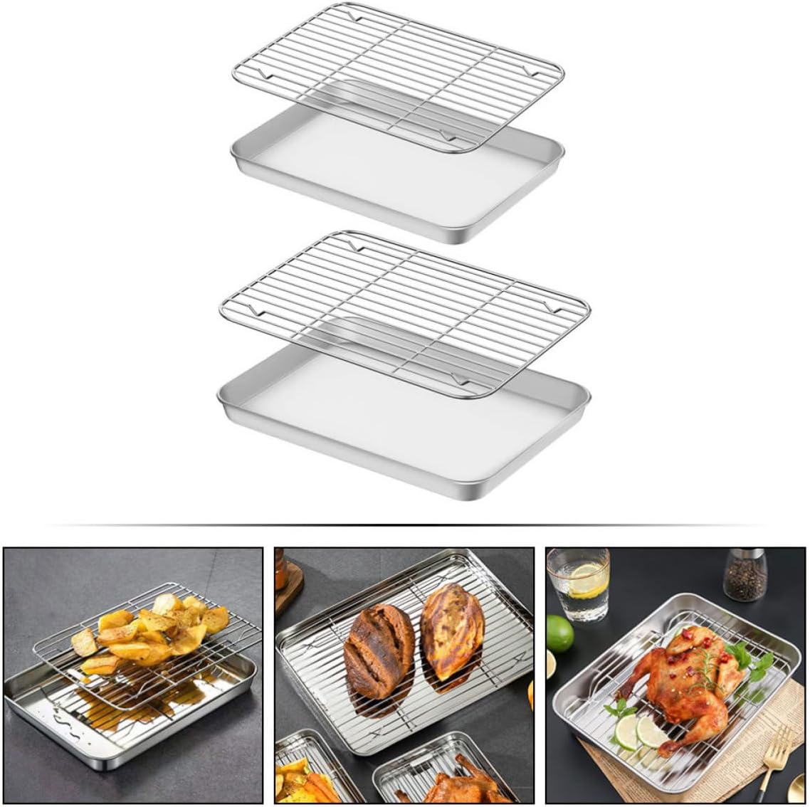 2 Sets Stainless Steel Baking Tray with Wire Rack for Oven