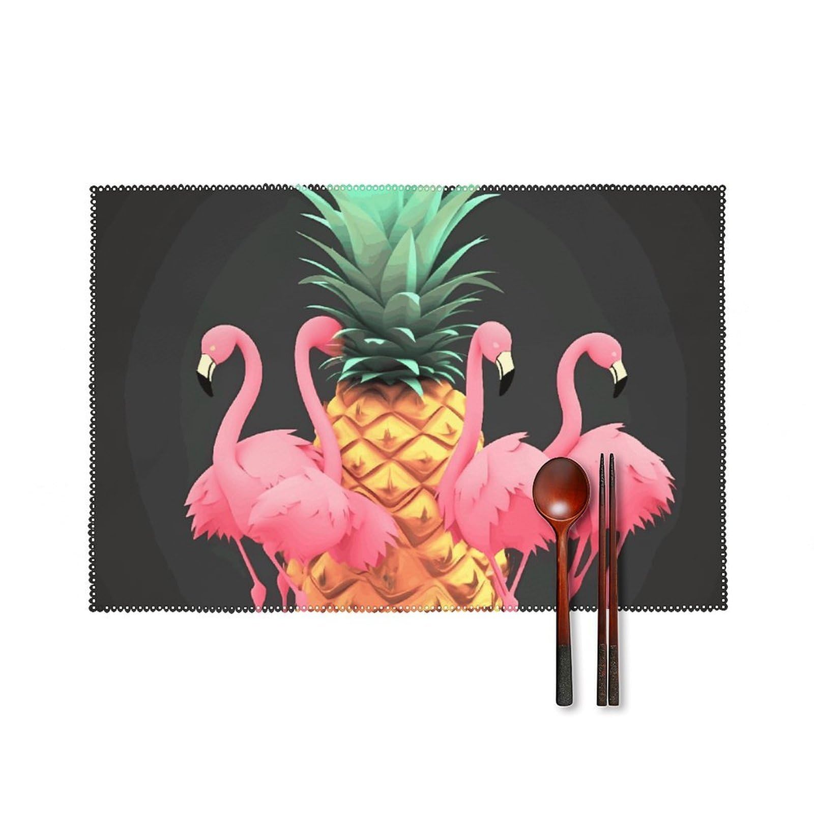 Pineapple Flamingos Placemats Set of 6, 12x18 Inch Heat Resistant Washable Canvas Table Mats, Stain Resistant Decorative Dining Placemats for Kitchen, Restaurant, Outdoor Party