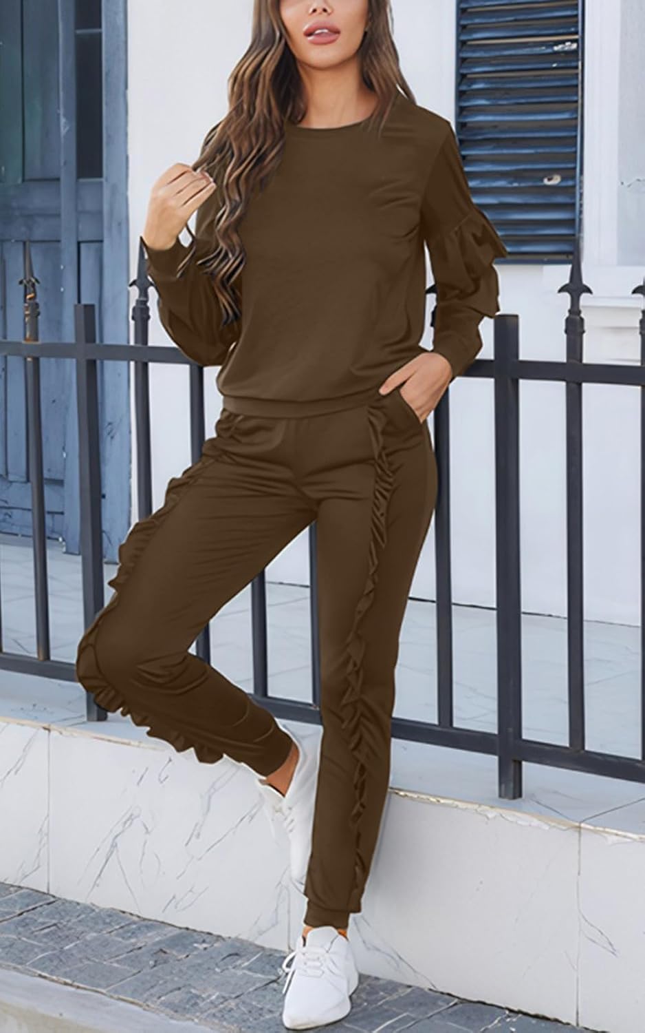 Akmipoem Women's Two Piece Outfits Ruffle Sleeve Sweatshirt and Long Pants Tracksuit Sets - Image 6