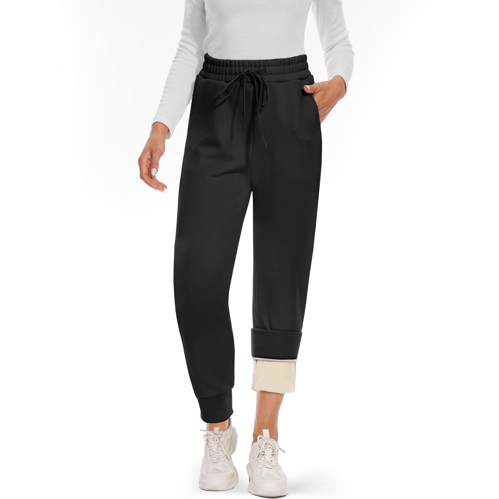 Fleece Lined Sweatpants Women - Joggers for Women with Pockets High Waisted Thermal Winter Warm Pants for Snow