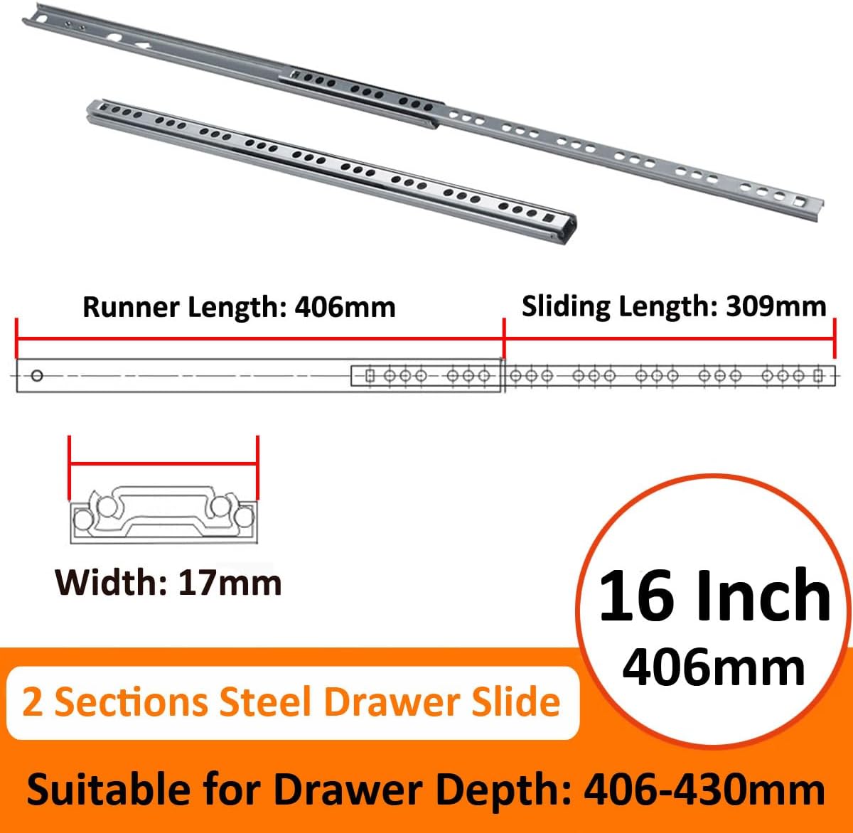 2 Pair (4Pcs) 17mm Drawer Runners 406mm Drawer Rail Runners Ball Bearing Steel Drawer Slides Cabinet Sliding Full Extension Kitchen Desk Dresser Slider Glides Side Mount