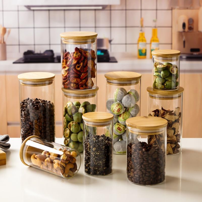 Image of Round Glass Jars with wooden lid Glass Jar set 330 ml food storage containers Borosilicate Glass Jar Set /Suit for Sugar, Salt, and Other Dry Food Storage set of 12(330 ML-ROUND-X JAR-)