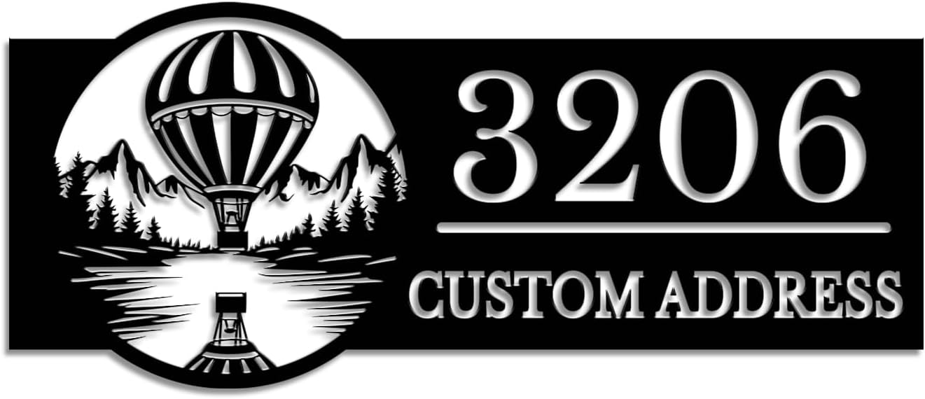 Personalized Hot Air Balloon House Number Sign, Custom Street Name Address Plaque, Outdoor Yard Art, Whimsical Front Door Decor, Hot Air Balloon Metal Wall Display (Style-3)